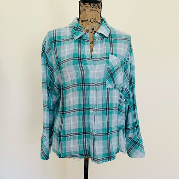 Anthropologie Sanctuary Plaid Gauzy Cotton Turquoise Boxy Button Up Shirt Small - Picture 1 of 11
